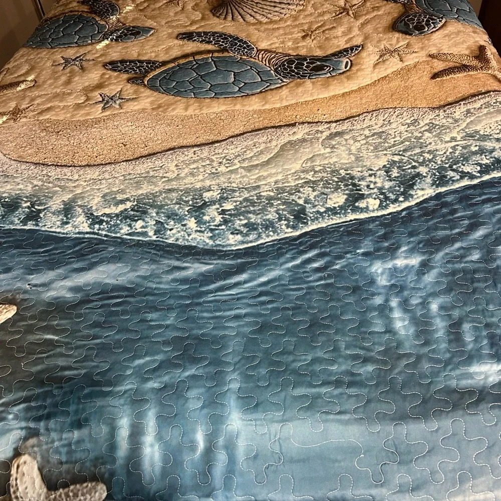 Sea Turtle Quilted Bedspread in Blue and Tan - Picture 1 of 14